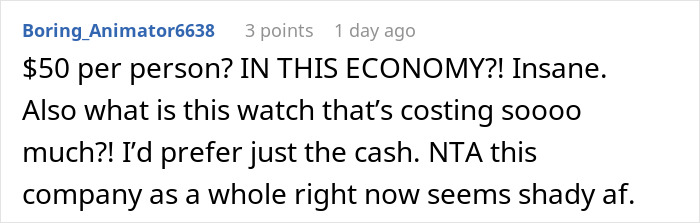 Reddit comment discussing refusal to contribute $50 to a coworker's retirement gift amid workplace tension and economic concerns.