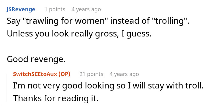 Screenshot of an online discussion about trolling with highlighted user comments on revenge and appearance.