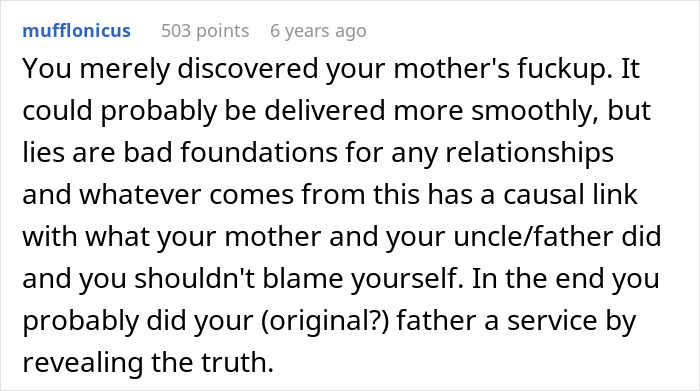 Comment discussing family chaos caused by one DNA test revealing uncle is actually his dad, sharing personal impact.