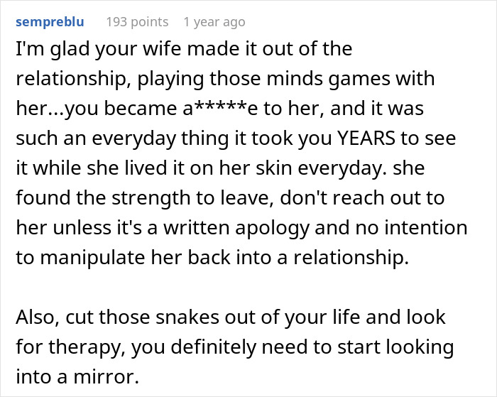 Comment expressing relief about wife leaving a toxic relationship and advice to cut male relatives and friends out of life.