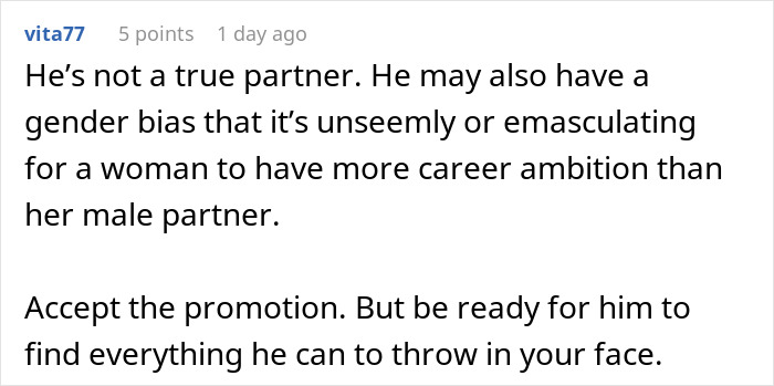 Screenshot of a comment discussing gender bias and relationship dynamics when a woman's success threatens her boyfriend's expectations.
