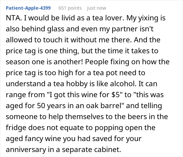 Comment discussing the value and care of a $500 Yixing teapot and the frustration when a house-sitting friend damages it. Comment discussing the value and care of a $500 Yixing teapot and the frustration when a house-sitting friend damages it.