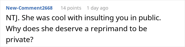 Online comment discussing a woman making her mother-in-law cry after being shamed publicly in front of everyone.