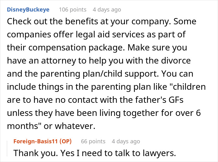 Comment discussing legal aid and parenting plans during divorce involving child support and contact restrictions.