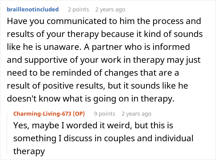 Screenshot of a forum discussion about therapy communication and a partner&rsquo;s awareness, highlighting submissive nature and standing up for oneself.