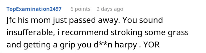 Screenshot of a forum comment where a user criticizes someone mourning and receiving leftover food support.