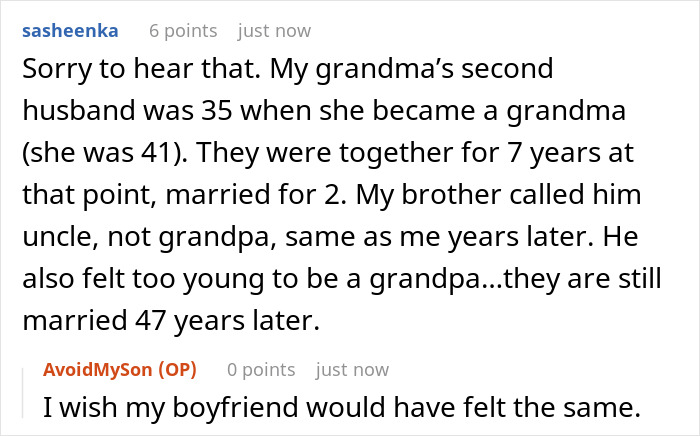 User comment about grandma's young second husband and OP's wish related to boyfriend breakup and new grandma drama.