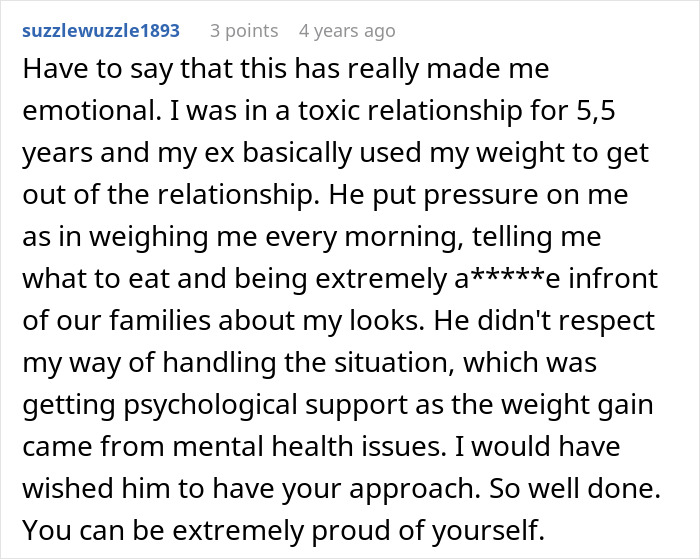 Commenter sharing experience of emotional struggle in a toxic relationship involving weight gain and mental health issues.