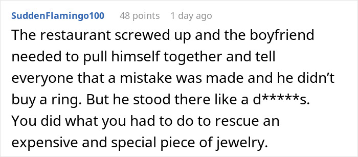 Comment about a planned proposal mishap where a ring accidentally ended up in another woman’s dessert at a restaurant.