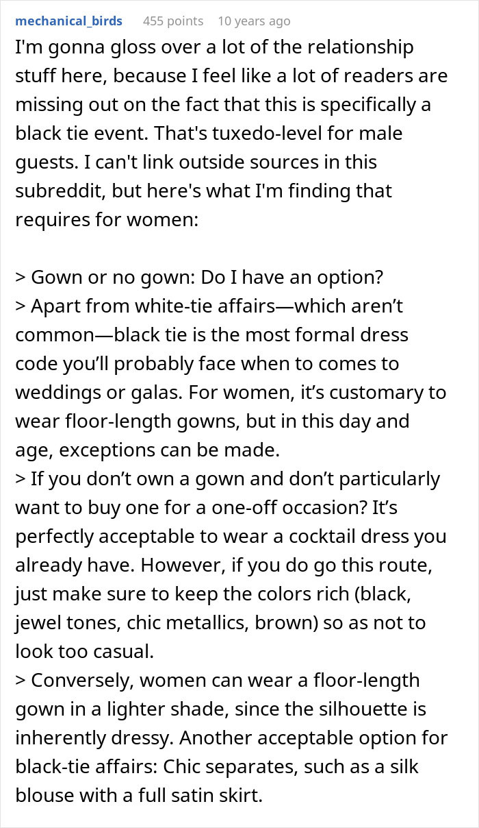 Screenshot of a Reddit comment explaining formal dress codes for women at black tie weddings and galas.