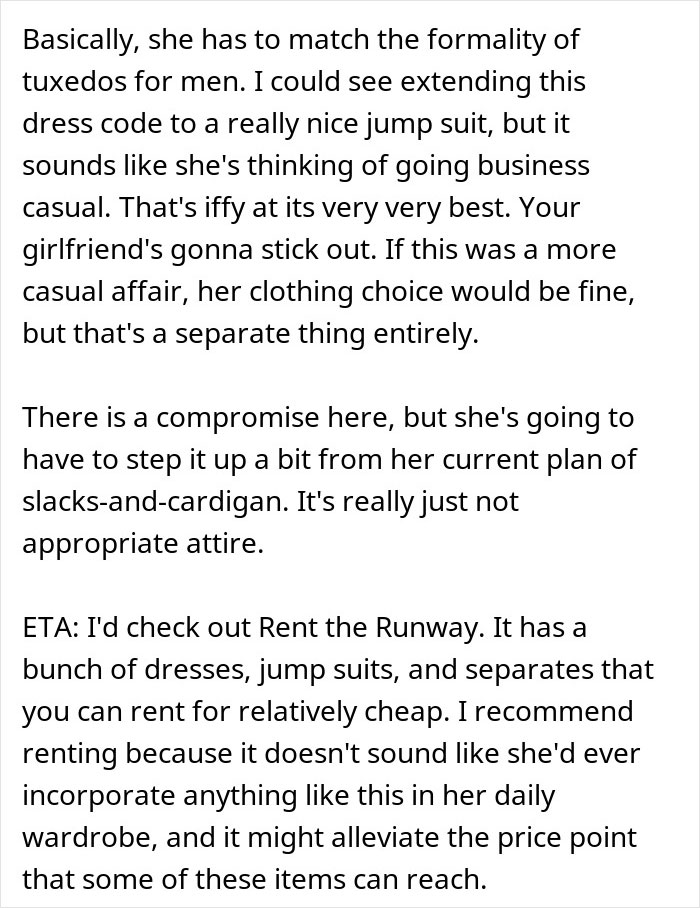 Man frustrated as girlfriend refuses to wear dresses for wedding, debating appropriate formal attire options.