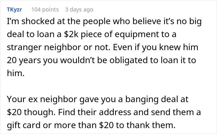 Comment discussing a woman refusing to lend her new snow blower to a stranger neighbor, debating obligations and neighborly favors.