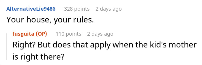 Screenshot of an online discussion about a 40YO refusing to bow to her 3YO cousin&rsquo;s tantrum and getting snubbed.