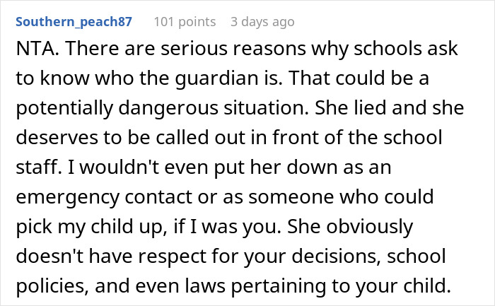 Screenshot of a Reddit comment discussing granny pretending to be kid&rsquo;s guardian and raising concerns about toxicity and school policies.