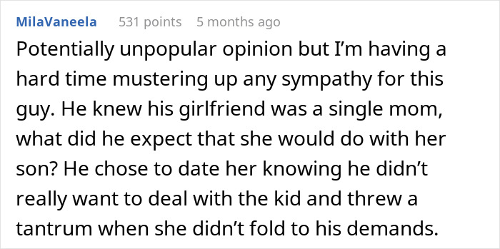 Commenter expressing frustration over man-date-single-mom-drama and his refusal to accept her son.