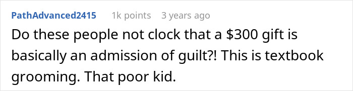 Comment about $300 gift as admission of guilt in a bf confession younger sister trouble thread online.