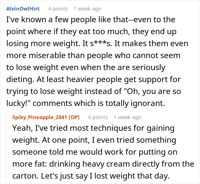 Online discussion about weight struggles, including attempts to gain weight and responses to comments on low weight.