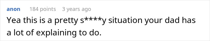 Screenshot of an online comment discussing a woman learning her father had a secret son, causing family turmoil.
