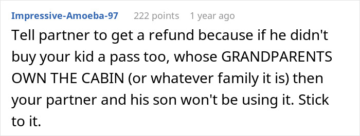 Comment advising to get a refund after partner leaves son without a ski pass, highlighting woman&rsquo;s panic over salary gap.
