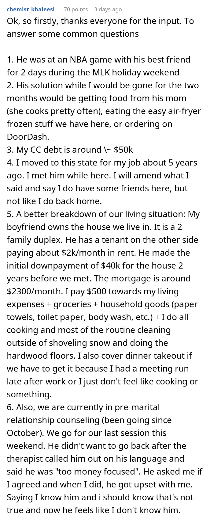 Screenshot of a Reddit post discussing a boyfriend giving his girlfriend time to fix finances before marriage.