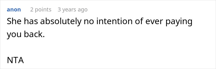 Screenshot of a forum comment stating refusal to repay, discussing a woman refusing to house sister over babysitting and cleaning issues.