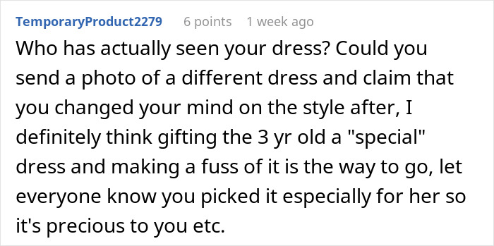 Comment discussing gifting a special dress to a 3-year-old daughter to match the bride&rsquo;s dress for attention-seeking mom.