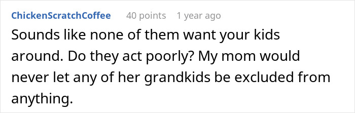 Comment about woman telling family no kids allowed, with brother feeling targeted in a family disagreement online.