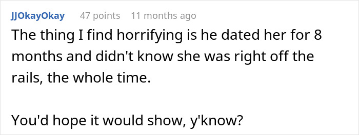 Screenshot of a Reddit comment discussing a woman who transitions from psychiatric nurse to psychiatric patient after a secret is revealed.