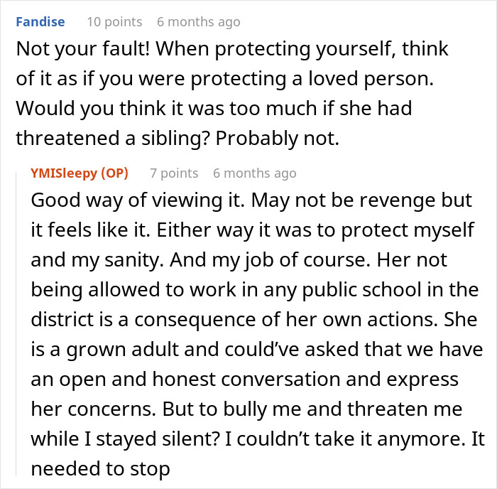 Comments discussing a teacher blacklisted in the city after malicious threats send a coworker to the ER.
