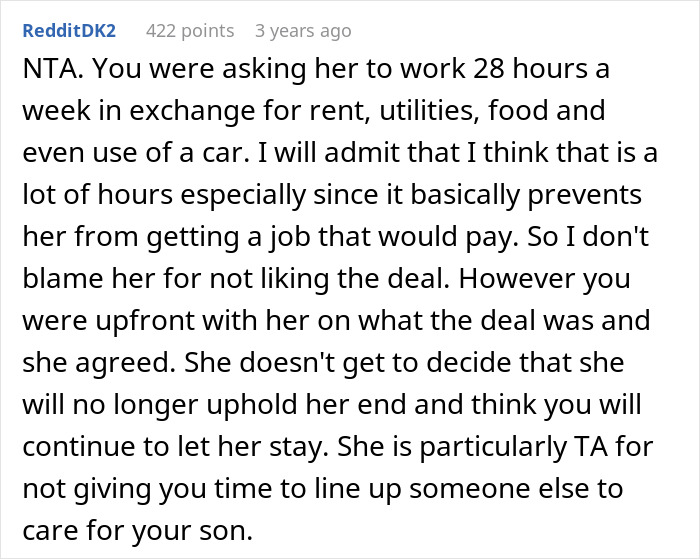 Reddit comment explaining refusal to babysit and clean in a woman refusing to house sister after deal breakdown.