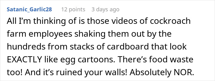 Comment discussing the use of egg cartons for soundproofing, expressing disgust and concerns about waste and damage.
