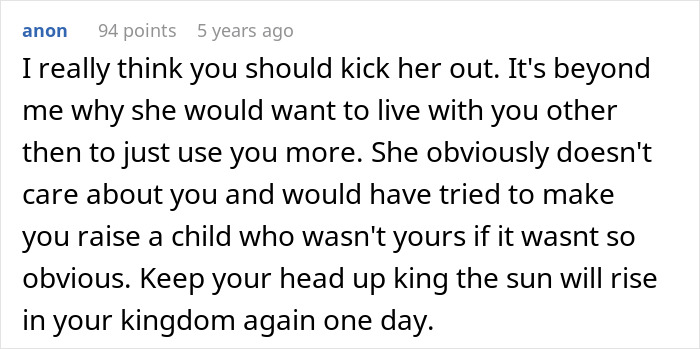 Comment expressing advice to kick out wife after secret exposed involving child, urging husband to stay strong.