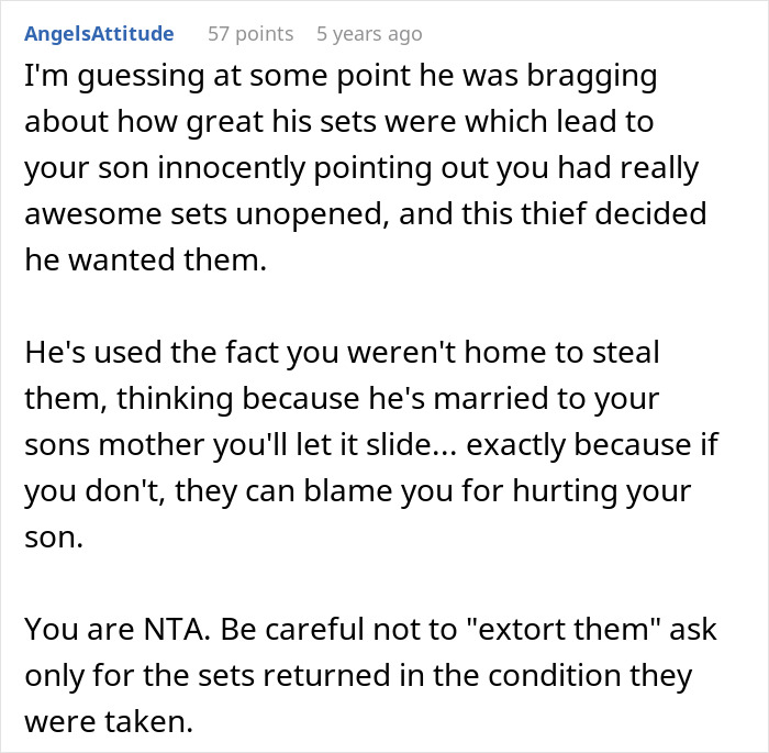 Comment discussing how a cheating ex-wife's boyfriend stole expensive Lego sets from a guy while he was not home.