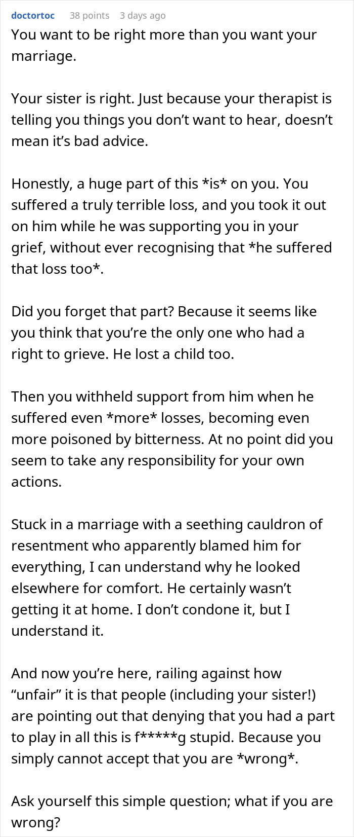 Commenter explains fairness of therapist and internet reality check after woman complains about cheating husband and marriage.