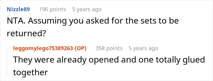 Online discussion about cheating ex-wife's boyfriend stealing expensive Lego sets and the consequences he faced.