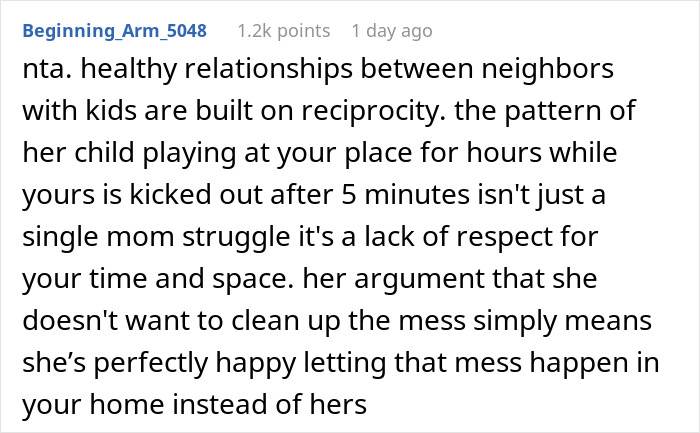 Comment discussing shameless mom refusing to host playdates due to messiness while expecting neighbor&rsquo;s door to stay open.