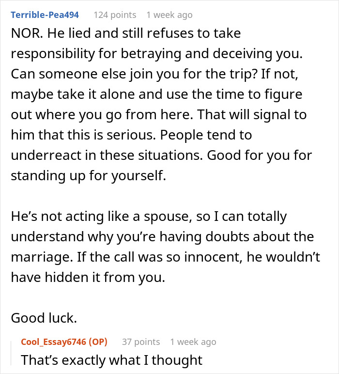 Comment discussing wife divorce and husband lied about video call, highlighting betrayal and doubts in marriage.