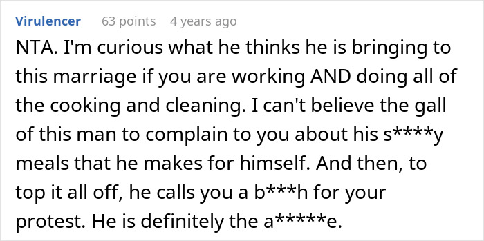 Alt text: Man complains about paying the price and eating fast food while wife works longer shifts in a marriage discussion.