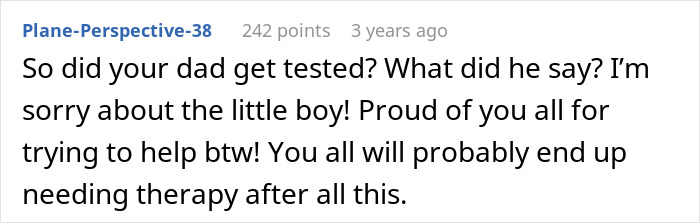 Comment discussing a woman learning her father had a secret son, reflecting on family impact and need for therapy.