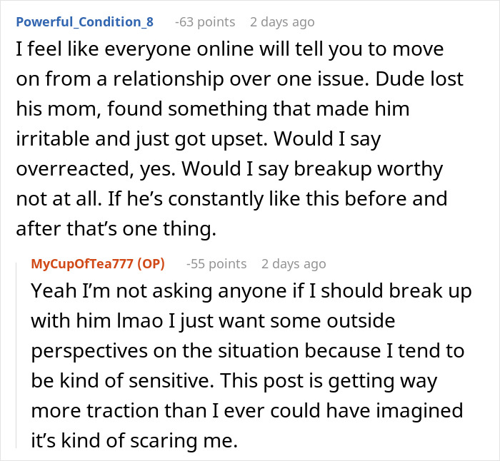 Text conversation about a woman bringing leftovers to support her mourning boyfriend and facing criticism over food quality.