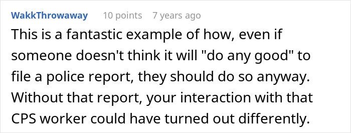 Comment discussing the importance of filing a police report in a CPS visit involving food theft by a step-mom.