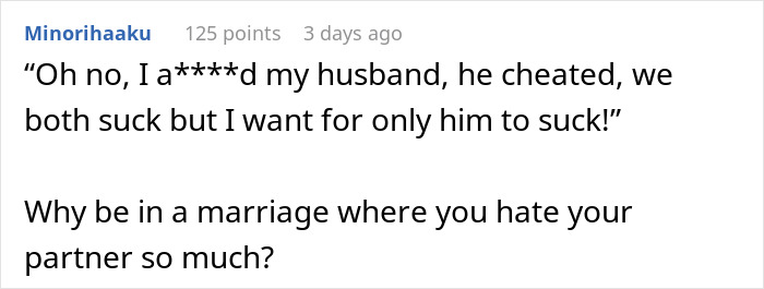 Screenshot of online comment discussing a cheating husband and reflecting on a fair therapist&rsquo;s perspective.