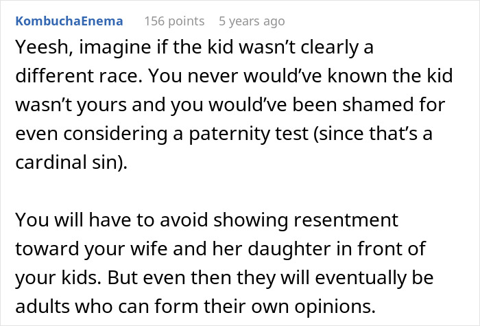 Alt text: Online comment discussing wife&rsquo;s secret exposed after birthing a black child and concerns about paternity and family resentment.