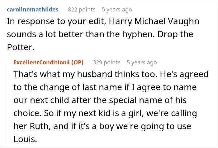 Forum conversation about naming son Harry Potter, discussing last name change and choosing boy's name Louis.