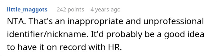 Screenshot of a Reddit comment discussing an inappropriate work nickname and suggesting reporting it to HR.