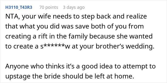 Screenshot of a forum comment discussing a husband leaving wife over her planned outfit for brother's wedding.