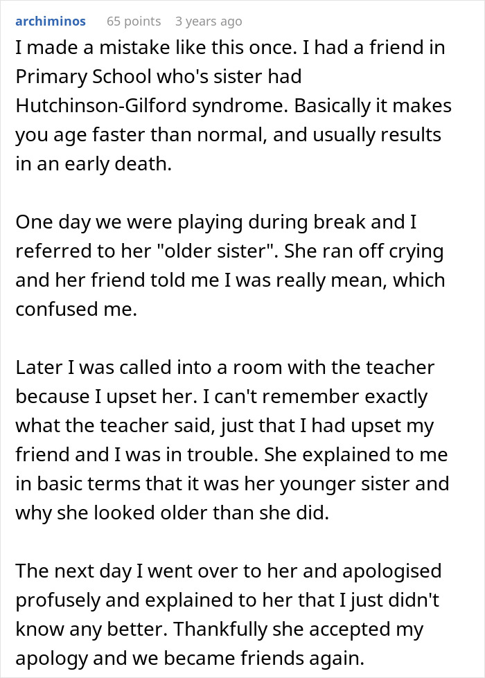 Comment text from Reddit discussing a personal story about a friend&rsquo;s sister with a tragic syndrome, related to crude drawing controversy and friendship.