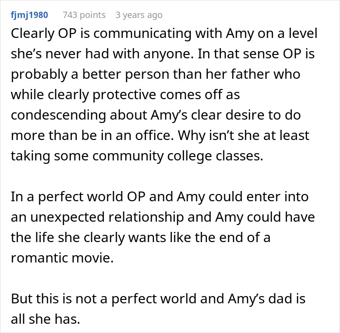 Screenshot of a Reddit comment discussing a man fired over a crude drawing and his bond with the woman who drew it.