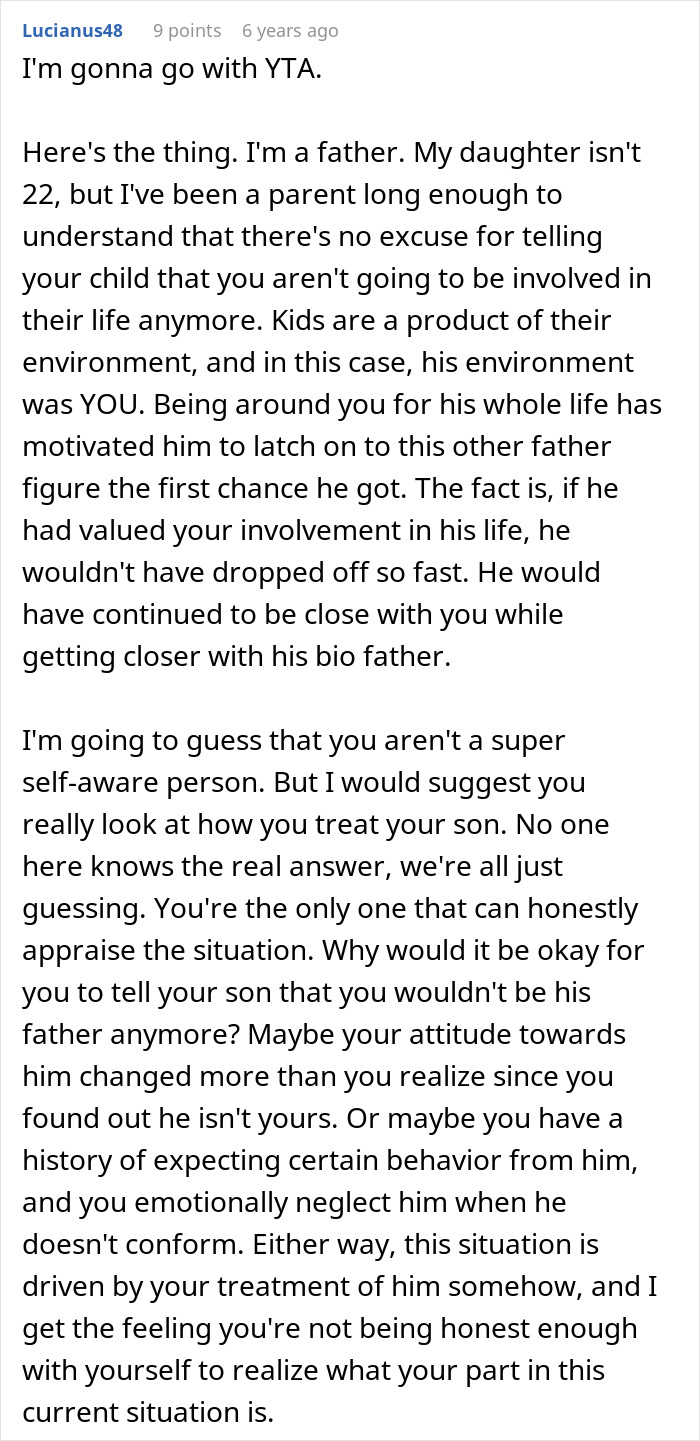 Comment discussing drama over last name and relationship struggles as a guy spends more time with his biological dad.