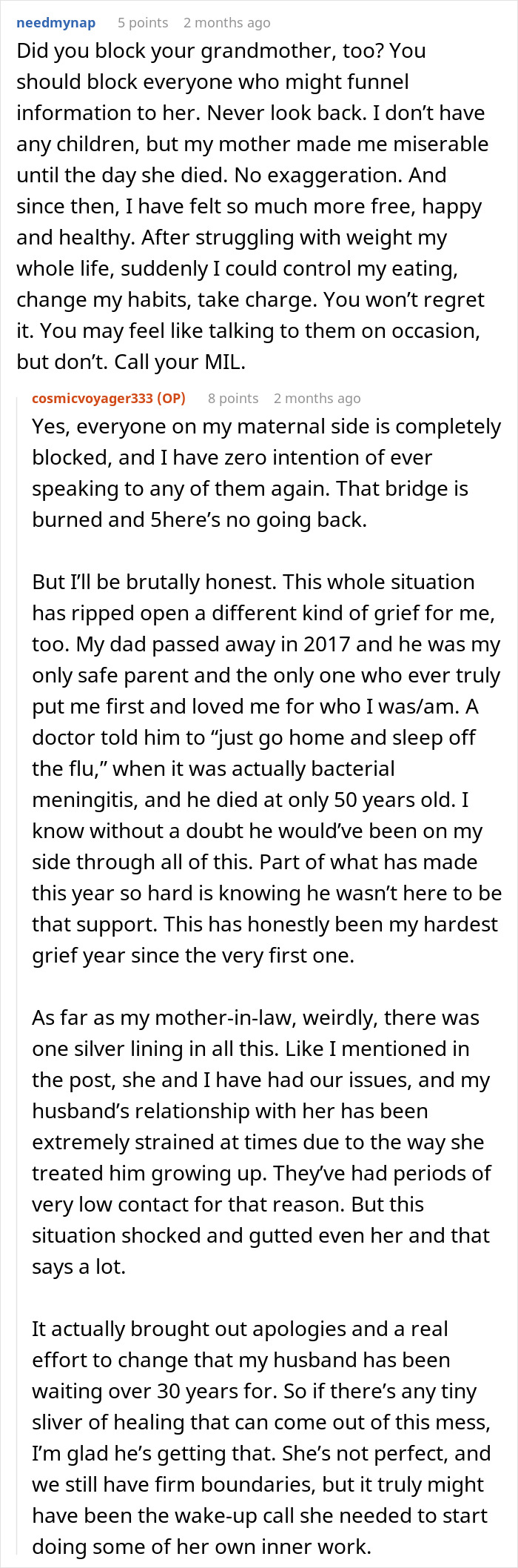 Comment thread discussing controlling postpartum boundaries and difficult family dynamics including mother and mother-in-law retaliation.